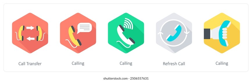 A set of 5 Communication icons as call transfer, calling, refresh call