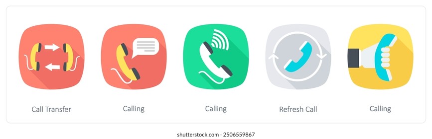 Un conjunto de 5 iconos de comunicación como transferencia de llamada, llamada, actualización de llamada