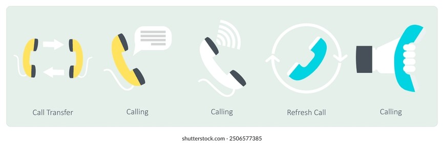 A set of 5 Communication icons as call transfer, calling, refresh call