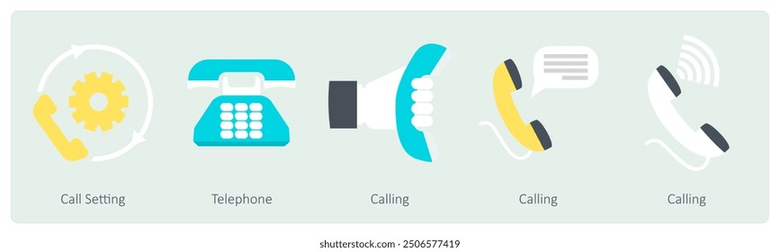 Un conjunto de 5 iconos de comunicación como configuración de llamada, teléfono, llamada