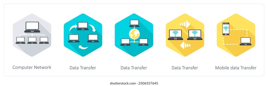 A set of 5 Communication icons as computer network, data transfer, mobile data transfer