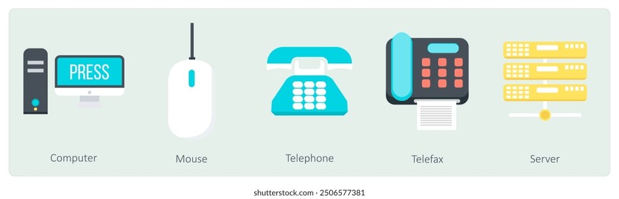 A set of 5 Communication icons as computer, mouse, telephone