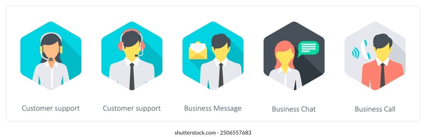 A set of 5 Communication icons as customer support, buisness message, business chat