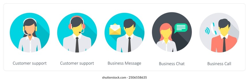 A set of 5 Communication icons as customer support, buisness message, business chat