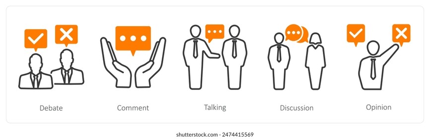 A set of 5 communication icons as debate, comment, talking