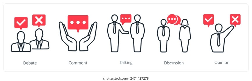 A set of 5 communication icons as debate, comment, talking