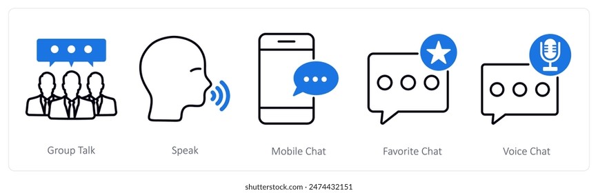 Ein Satz von 5 Kommunikationssymbolen als Gruppengespräch, Sprechen, mobiler Chat