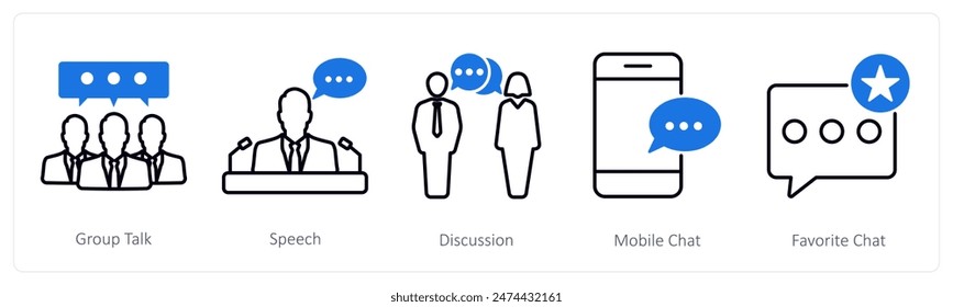 Un conjunto de 5 iconos de comunicación como conversación en grupo, discurso, discusión, chat móvil