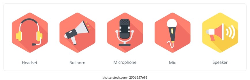 Ein Satz von 5 Kommunikationssymbolen als Headset, Bullhorn, Mikrofon
