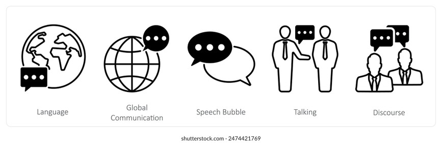A set of 5 communication icons as language, global communication, speech bubble