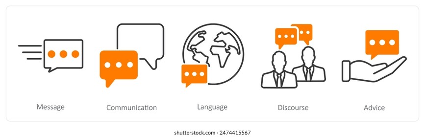 A set of 5 communication icons as message, communication, language