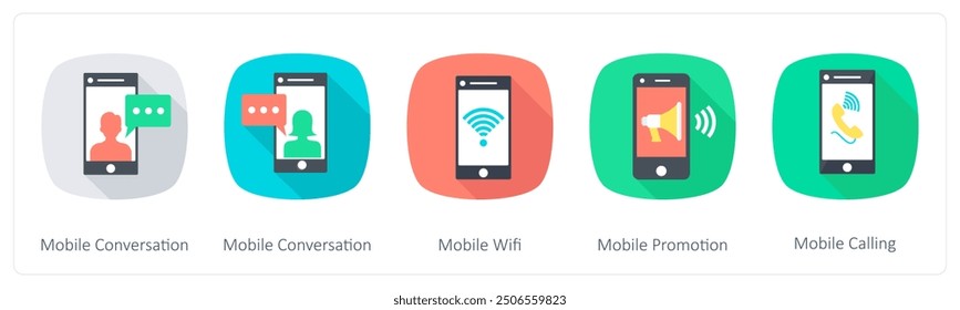 Eine Reihe von 5 Kommunikationssymbolen als mobile Konversation, mobiles WiFi, mobile Werbeaktion