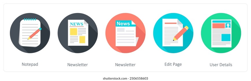 Ein Satz von 5 Kommunikationssymbolen als Notizblock, Newsletter, Seite bearbeiten
