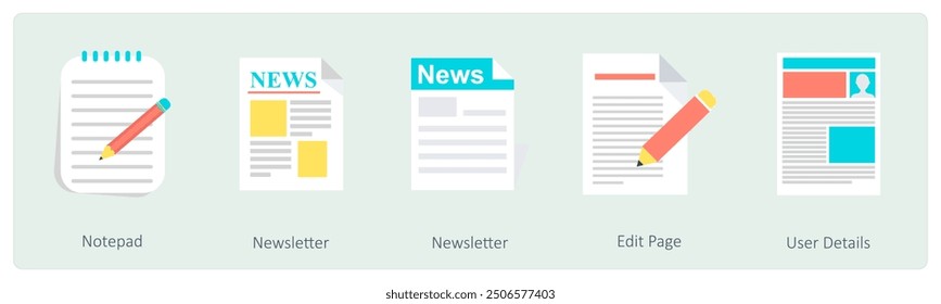 A set of 5 Communication icons as notepad, newsletter, edit page
