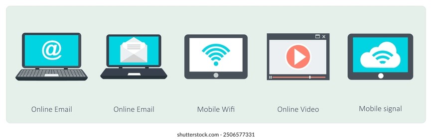 Video Un conjunto de 5 iconos de comunicación como correo electrónico en línea, wifi móvil, en línea