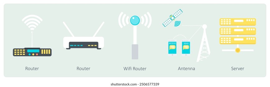 A set of 5 Communication icons as router, wifi router, antenna