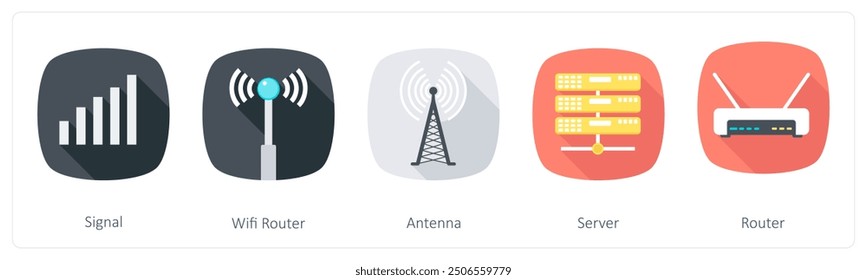 A set of 5 Communication icons as signal, wifi router, antenna