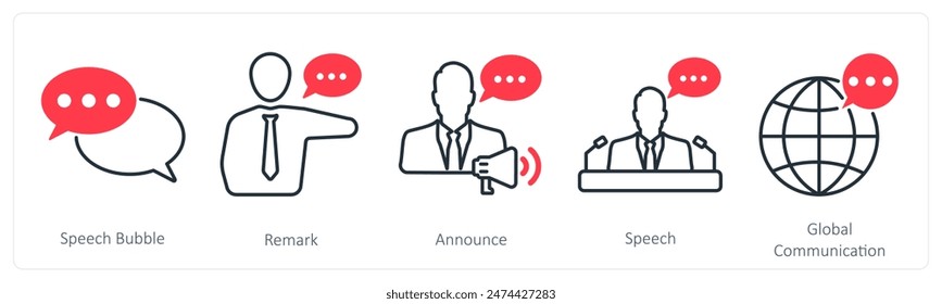 A set of 5 communication icons as speech bubble, remark, announce