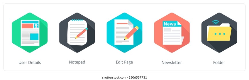 Un conjunto de 5 iconos de comunicación como detalles del usuario, bloc de notas, página de edición