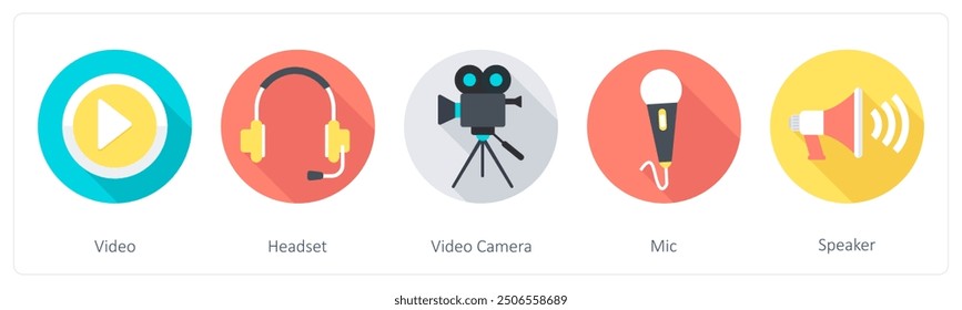A set of 5 Communication icons as video, headset, video camera