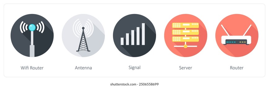 A set of 5 Communication icons as wifi router, antenna, signal