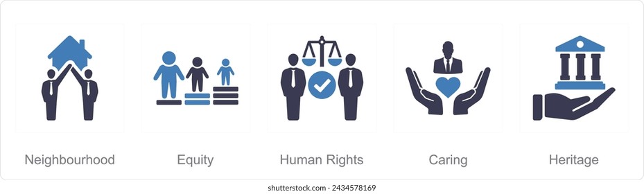 A set of 5 Community icons as neighbourhood, equity, human rights