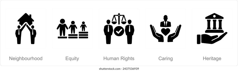 A set of 5 Community icons as neighbourhood, equity, human rights