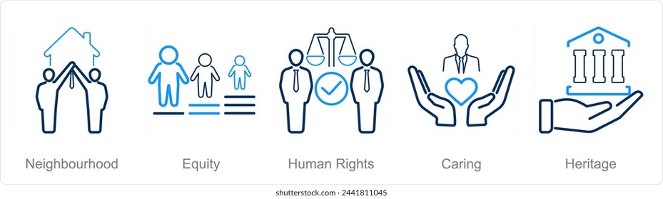 A set of 5 Community icons as neighbourhood, equity, human rights