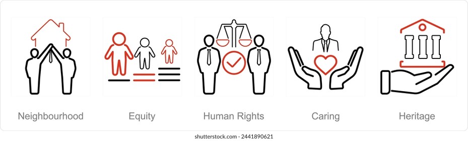 A set of 5 Community icons as neighbourhood, equity, human rights