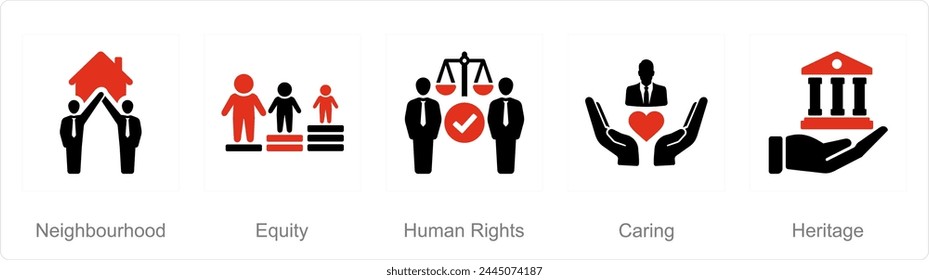 A set of 5 Community icons as neighbourhood, equity, human rights