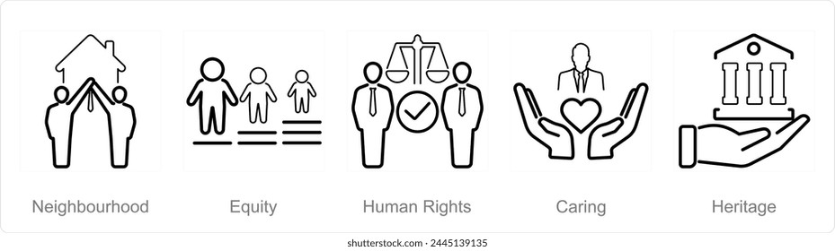 A set of 5 Community icons as neighbourhood, equity, human rights