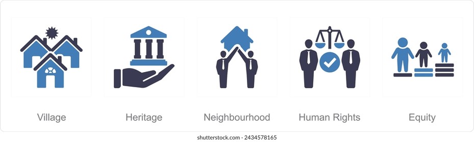 A set of 5 Community icons as village, heritage, neighbourhood