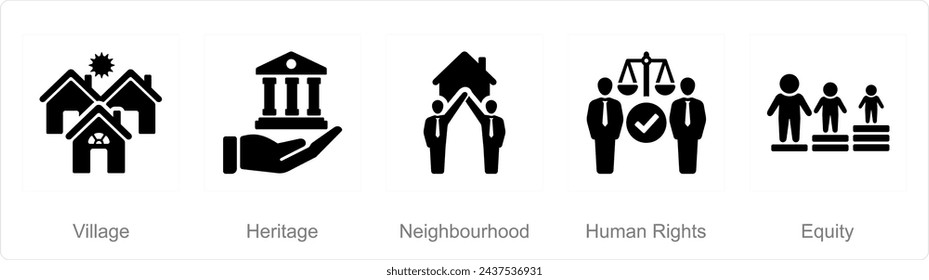 A set of 5 Community icons as village, heritage, neighbourhood