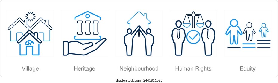 A set of 5 Community icons as village, heritage, neighbourhood