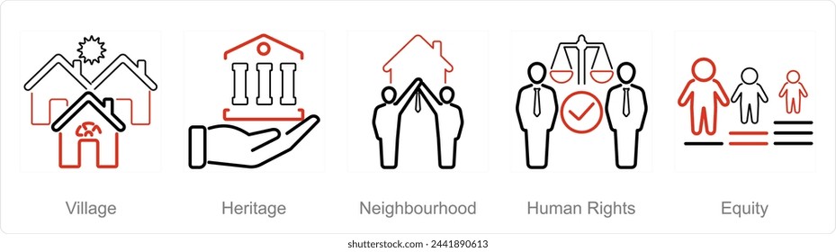 A set of 5 Community icons as village, heritage, neighbourhood