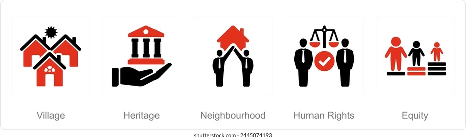 A set of 5 Community icons as village, heritage, neighbourhood