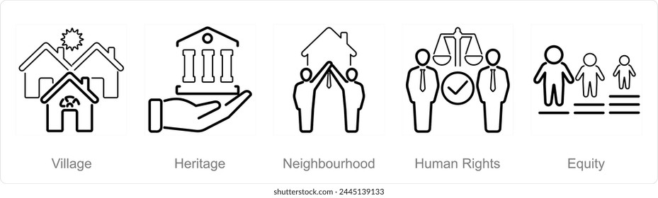 A set of 5 Community icons as village, heritage, neighbourhood