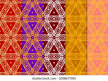 set of 5 complex geometric ornament. sophisticated geometric pattern based on repetitive simple forms. vector illustration and floral ornament.