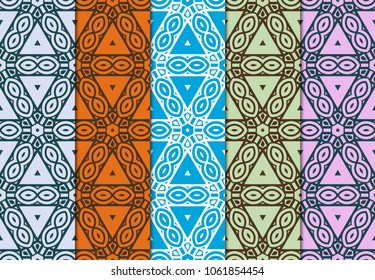 set of 5 complex geometric ornament. sophisticated geometric pattern based on repetitive simple forms. vector illustration and floral ornament.