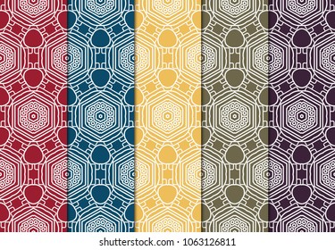 set of 5 complex geometric ornament. sophisticated geometric pattern based on repetitive simple forms. vector illustration and floral ornament.