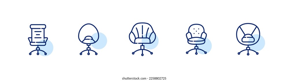Set of 5 computer desk chairs. Elegant, cushioned and regular. Pixel perfect, editable stroke line icons