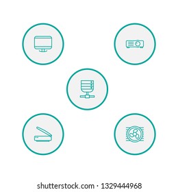 Set of 5 computer icons line style set. Collection of display, datacenter, show and other elements.
