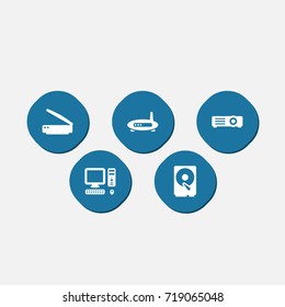 Set Of 5 Computer Icons Set.Collection Of Hard Disk, Computer, Show And Other Elements.