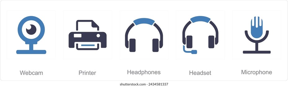 A set of 5 Computer Parts icons as web cam, printer, headphone