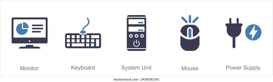 A set of 5 Computer Parts icons as monitor, keyboard, system unit