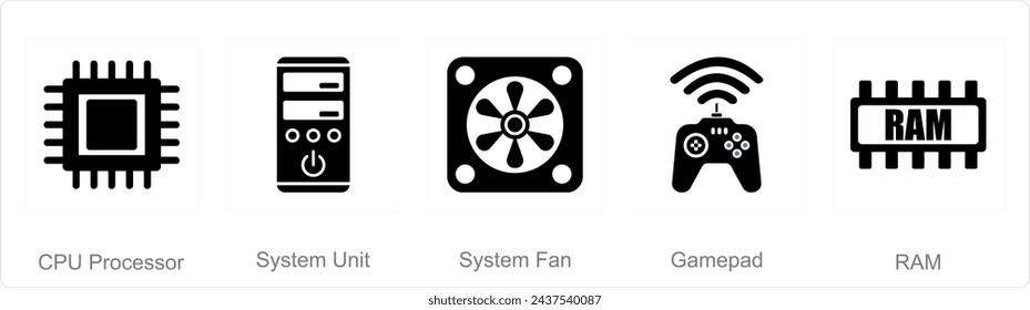 Ein Satz von 5 Computerteilesymbolen als CPU-Prozessor, Systemeinheit, Systemlüfter