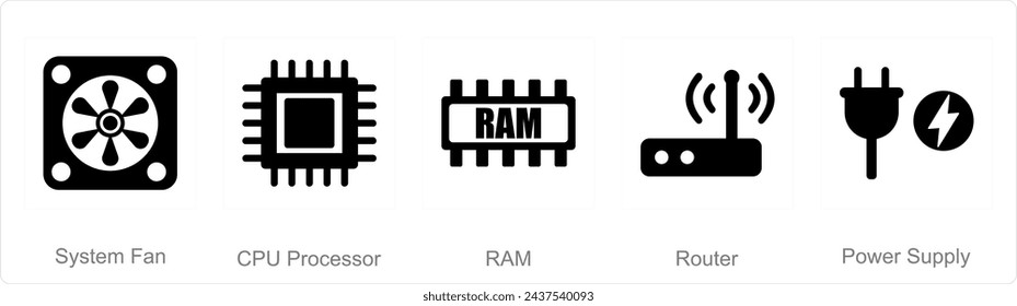 A set of 5 Computer Parts icons as system fan, cpu processor, ram