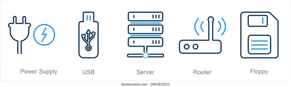Ein Satz von 5 Computerteile-Icons als Netzteil, USB, Server