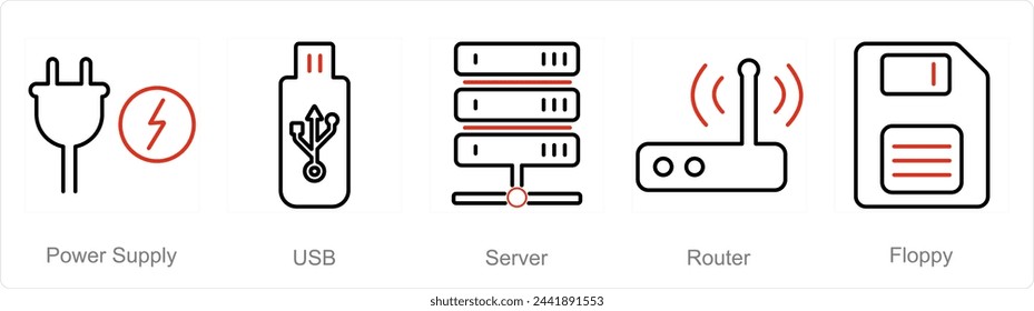 A set of 5 Computer Parts icons as power supply, usb, server