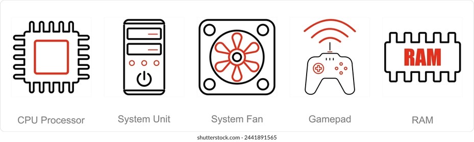A set of 5 Computer Parts icons as cpu processor, system unit, system fan